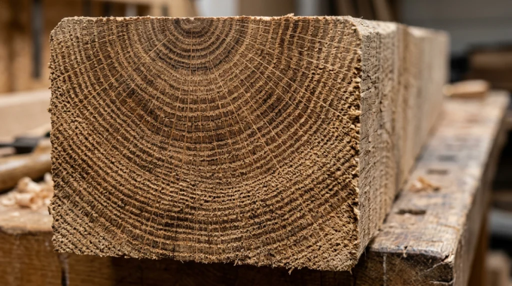 Close-up of timber end grain showing concentric growth rings.