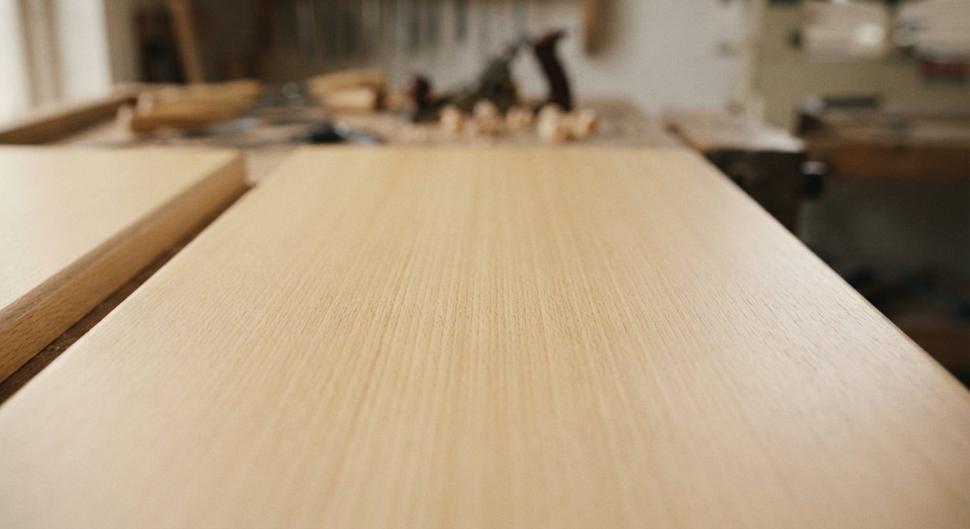 Close-up of the smooth, light yellowish-brown grain pattern on a rubberwood surface.