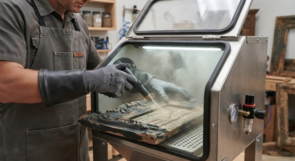 Working on detailed wood inside an enclosed abrasive blast cabinet.