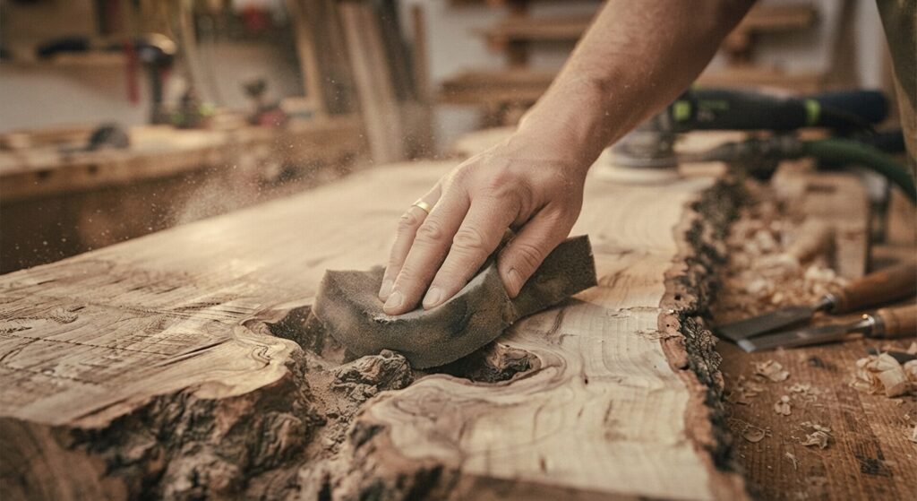 Hand sanding the delicate contours of a live edge with a flexible sponge.