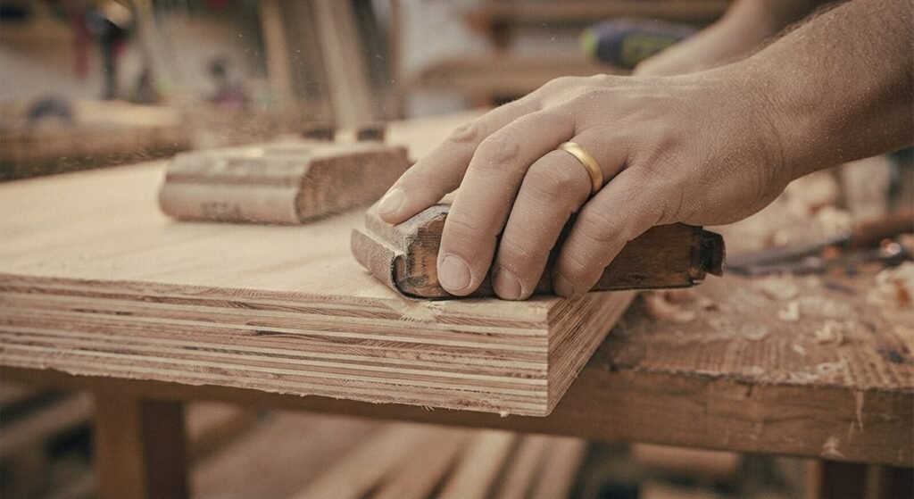 Hand sanding a plywood edge smoothly using a sanding block.