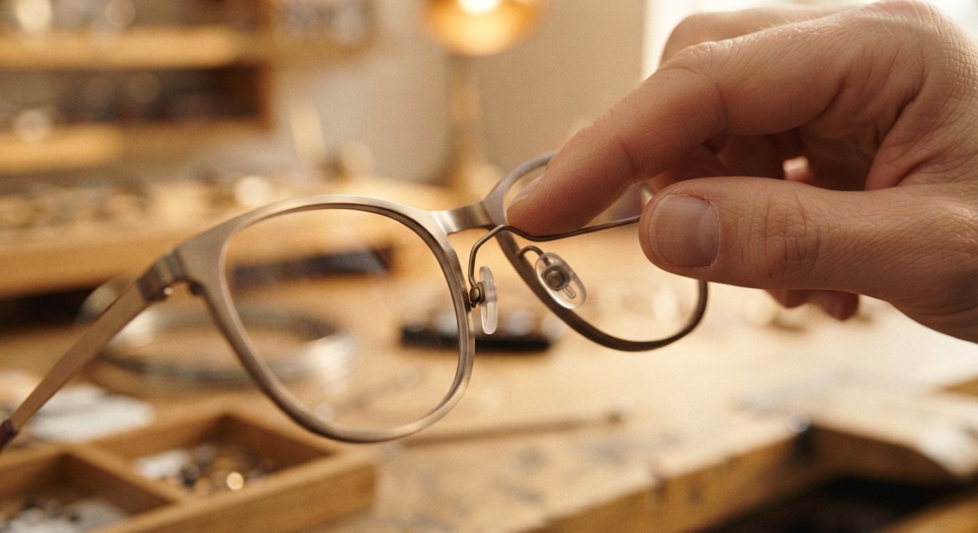 Close-up of fingers gently adjusting eyeglass nose pads for a better fit.