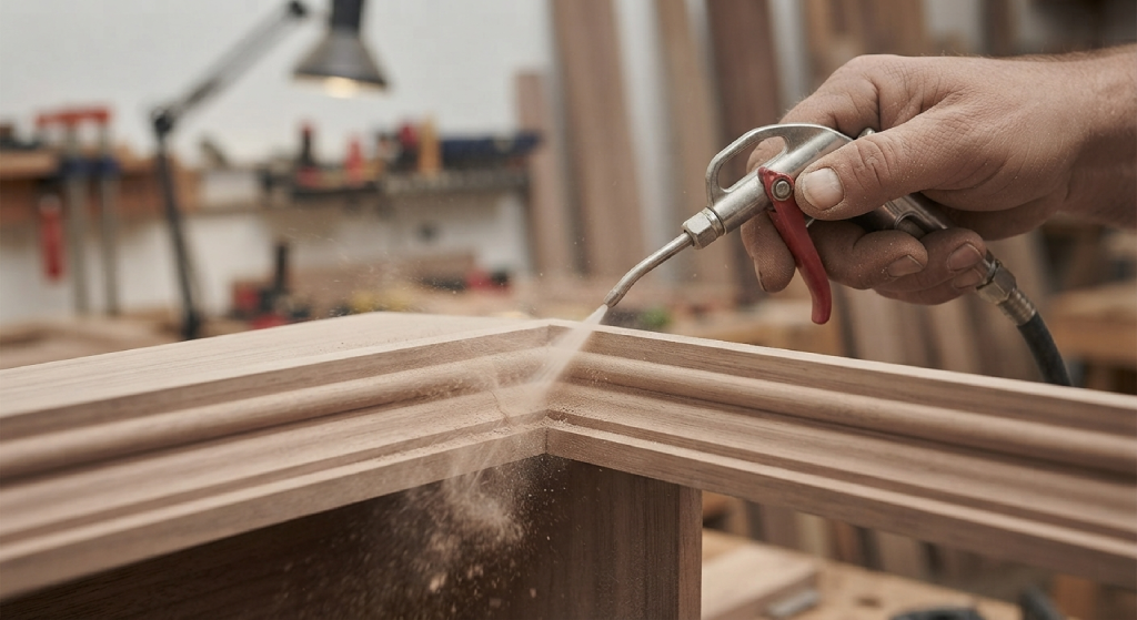 Blowing sanding dust out of tight wooden corners with compressed air.