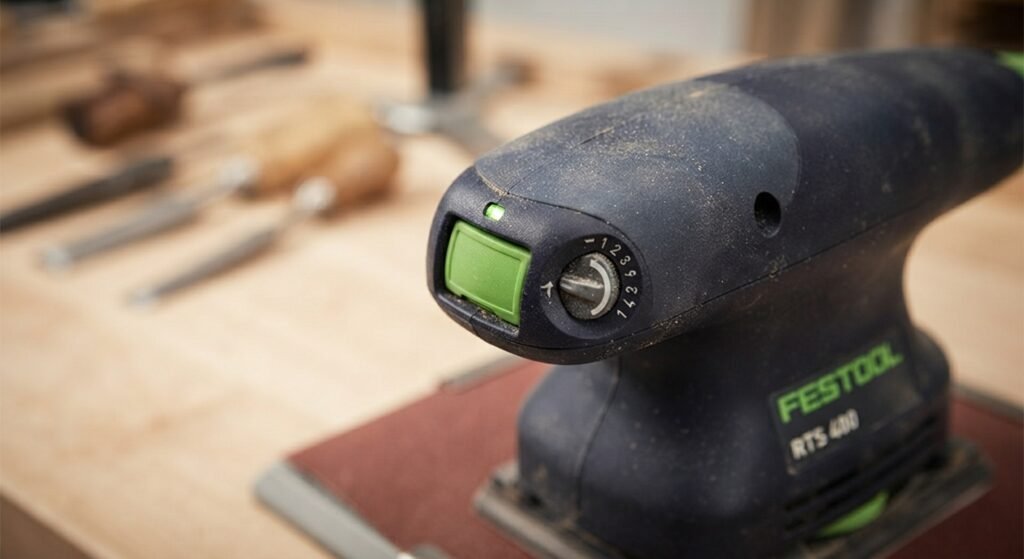 Close-up of the variable speed dial and grip on a palm sander.