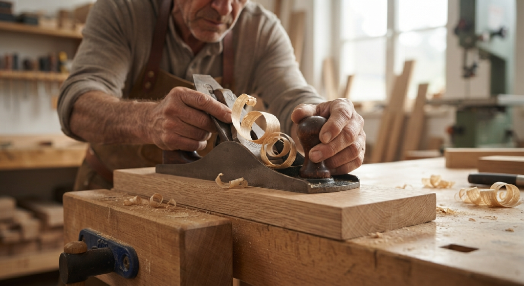Woodworker planing a solid oak board on a workshop workbench.