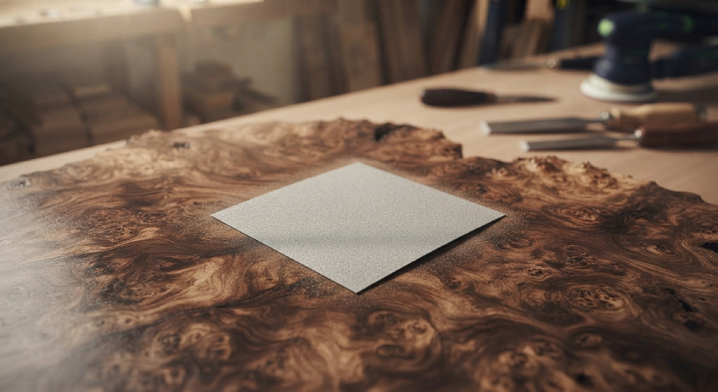 Fine grit sandpaper resting on a smooth walnut burl surface.