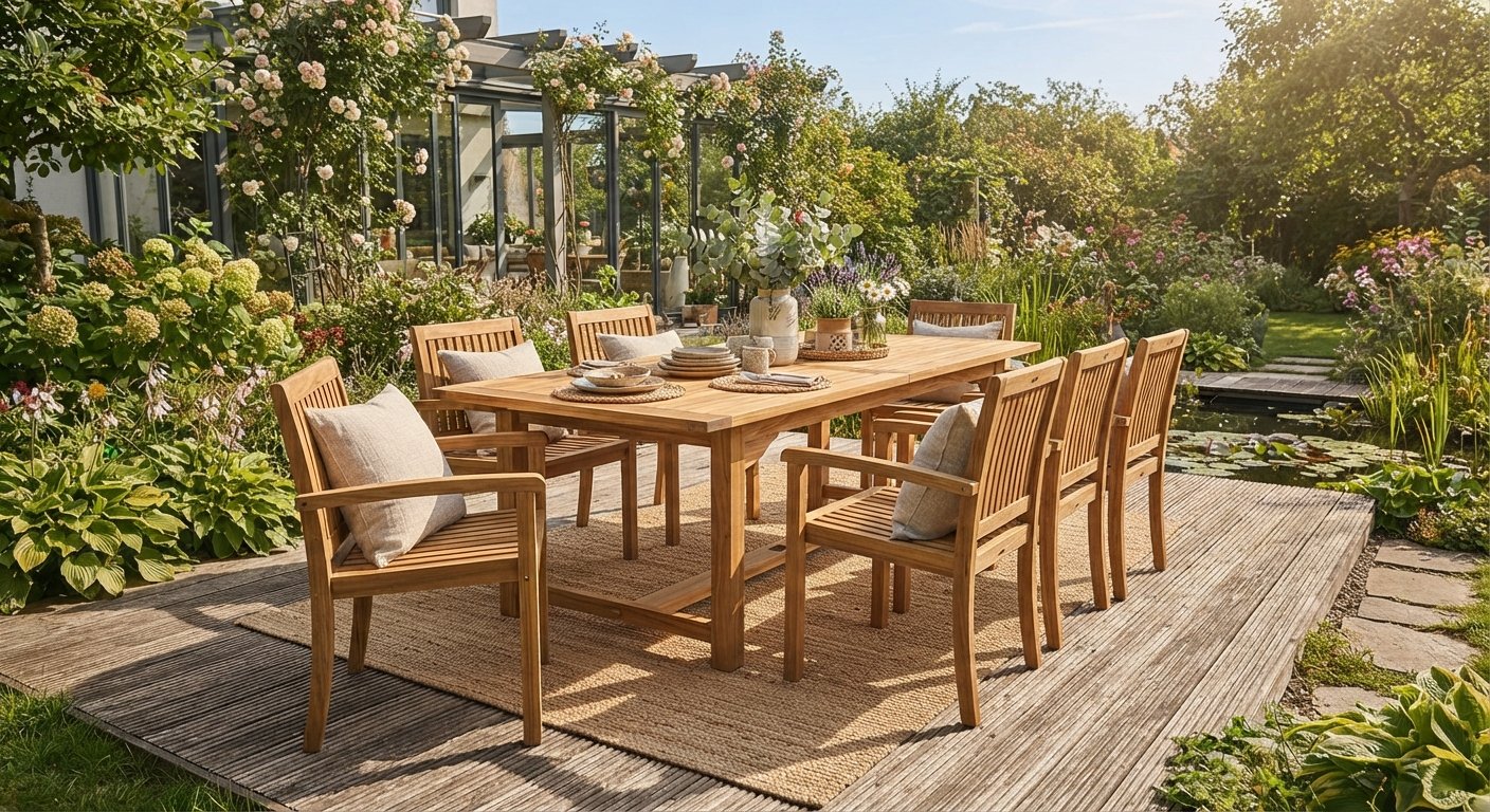 High-end teak wood outdoor patio furniture set on a sunny garden deck.