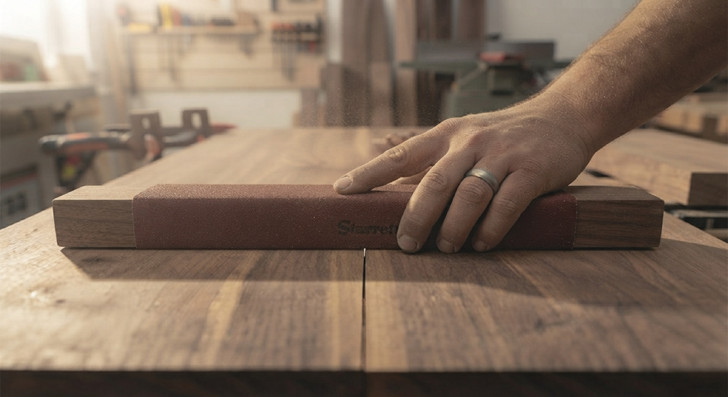 Coarse 80-grit sandpaper positioned for leveling an uneven wood joint.