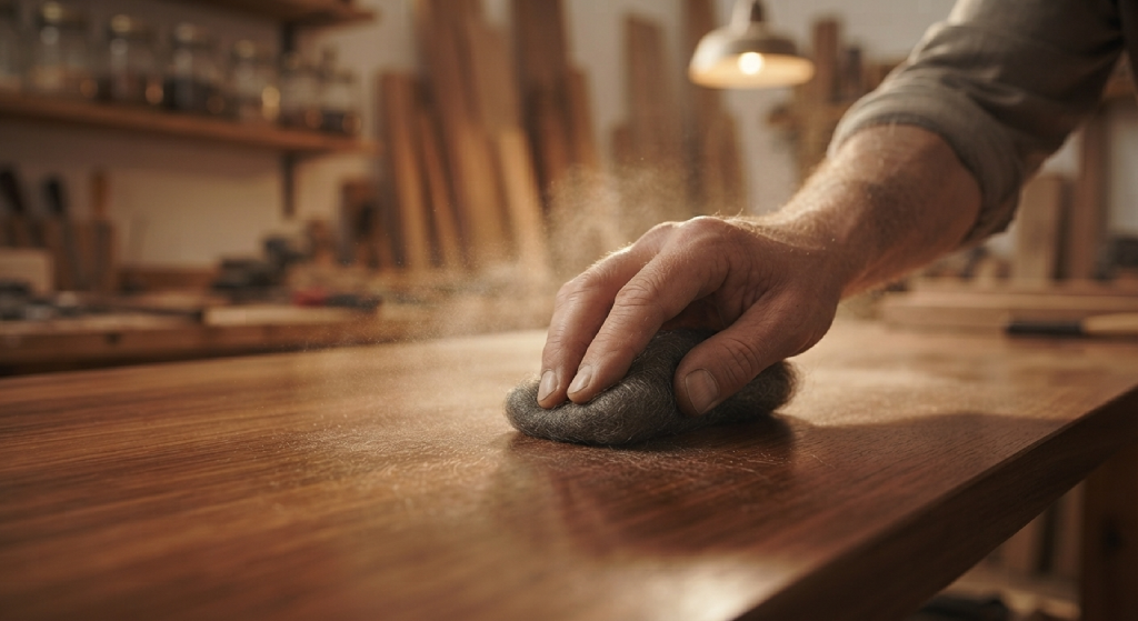Woodworker buffing a wooden tabletop with a fine pad of steel wool.