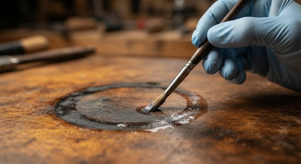 Brushing oxalic acid onto a dark water ring on a hardwood table to remove the stain.