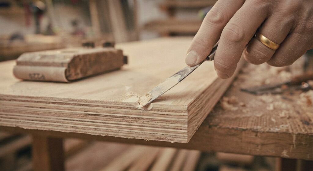 Filling gaps between plywood layers with wood filler before sanding.
