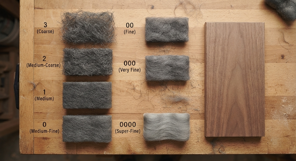Different grades of steel wool pads laid out on a workshop workbench.
