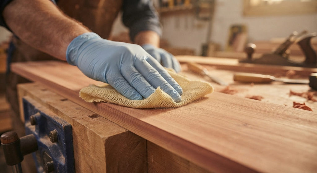 Wiping sanding dust off cedar wood with a tack cloth.