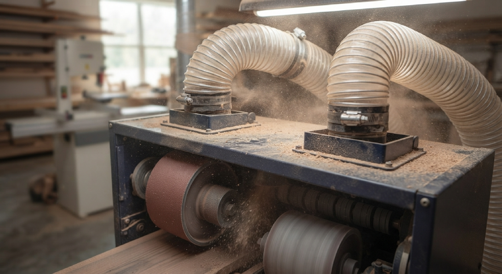 Dust collection hoses connected to an automatic wood sanding machine.