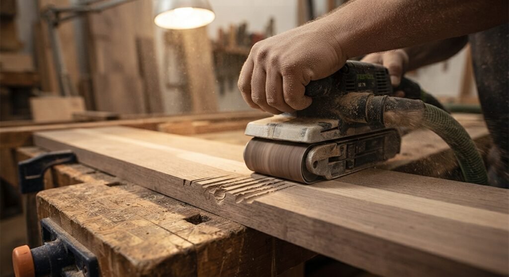 Using a power belt sander to remove deep planer marks on wood.