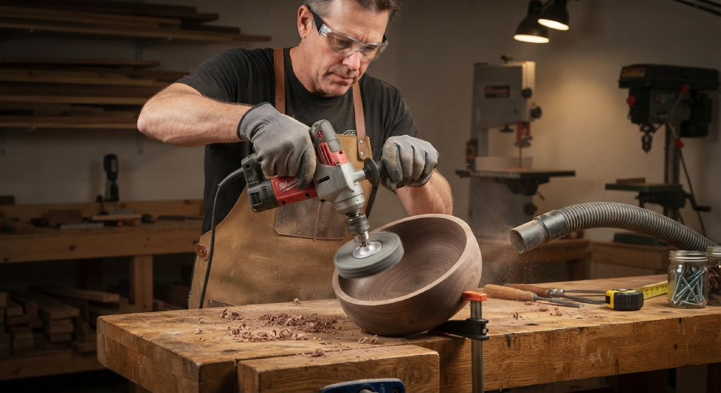 Operator wearing safety glasses using a drill-mounted sanding mop on wood.