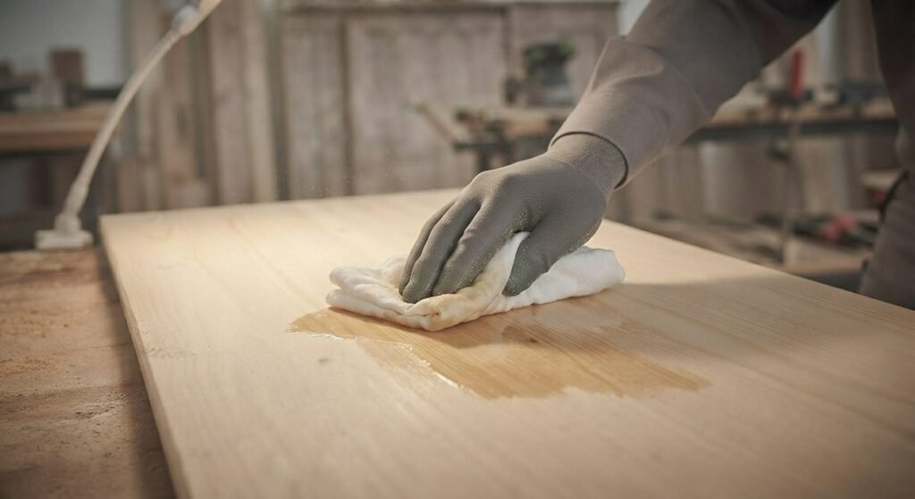Applying pre-stain wood conditioner to a sanded pine board with a cloth.