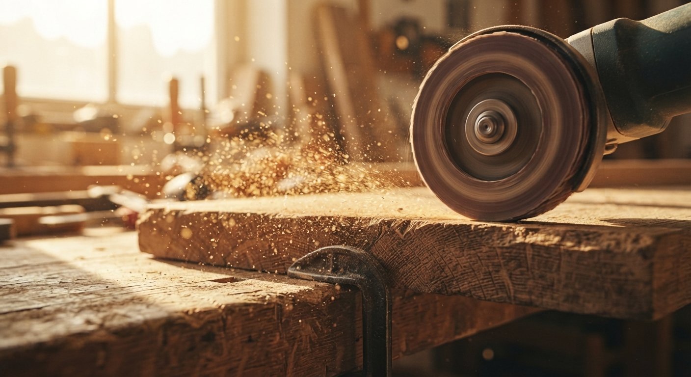 A flap sanding wheel shaping and smoothing a wooden plank in a workshop