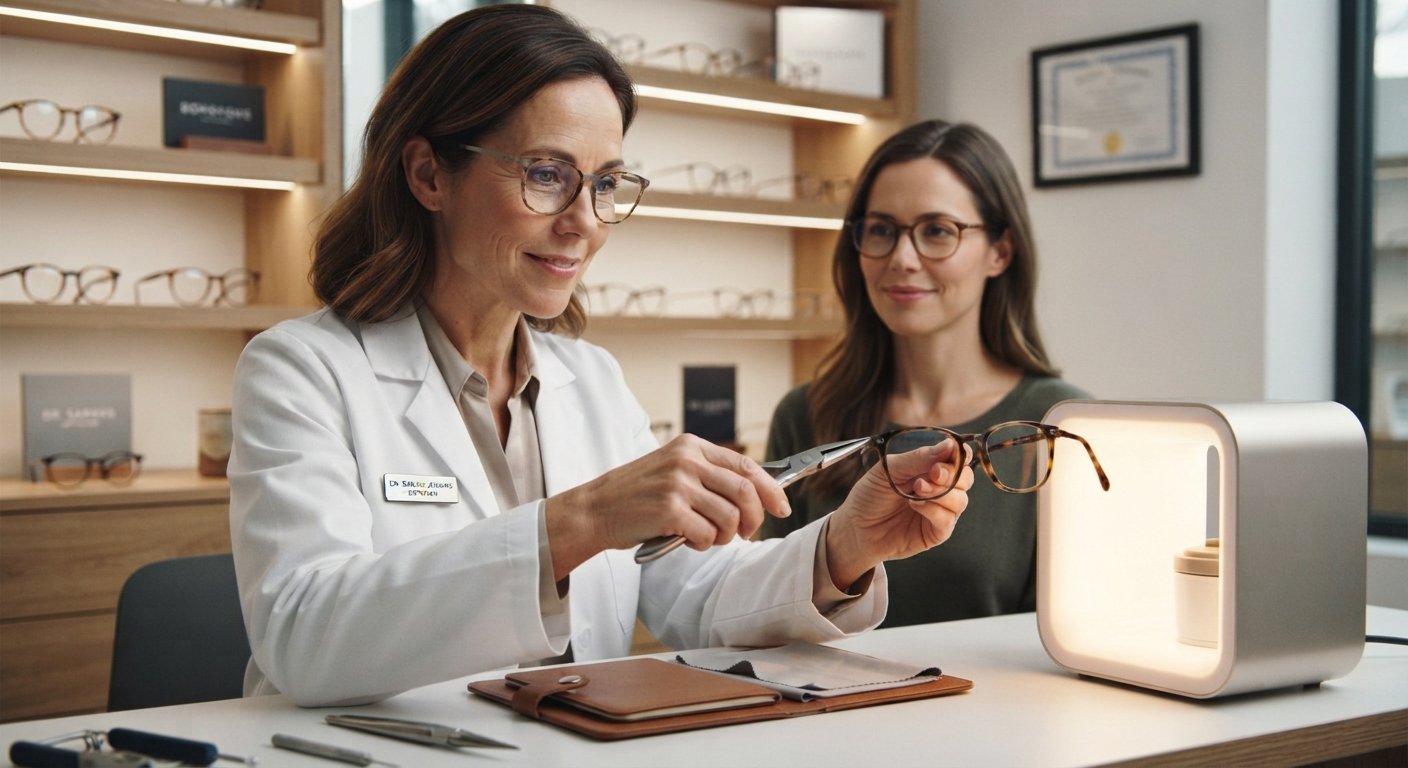 Optician adjusting eyeglass frames with specialized professional tools.