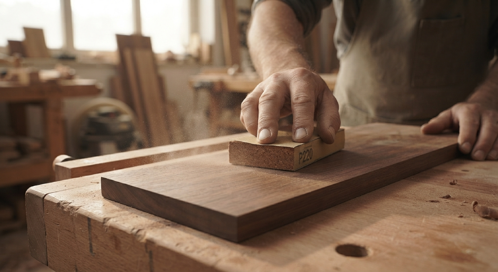 Woodworker using a sanding block with light pressure along the grain.