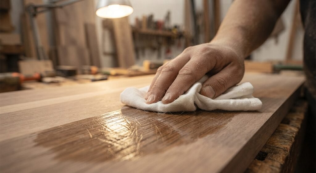 Wiping mineral spirits on wood to check for remaining sanding flaws.