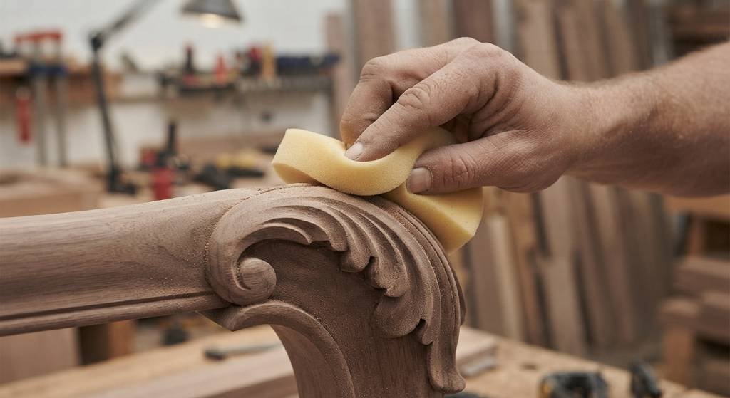 Using a flexible sanding sponge on carved wooden furniture details.
