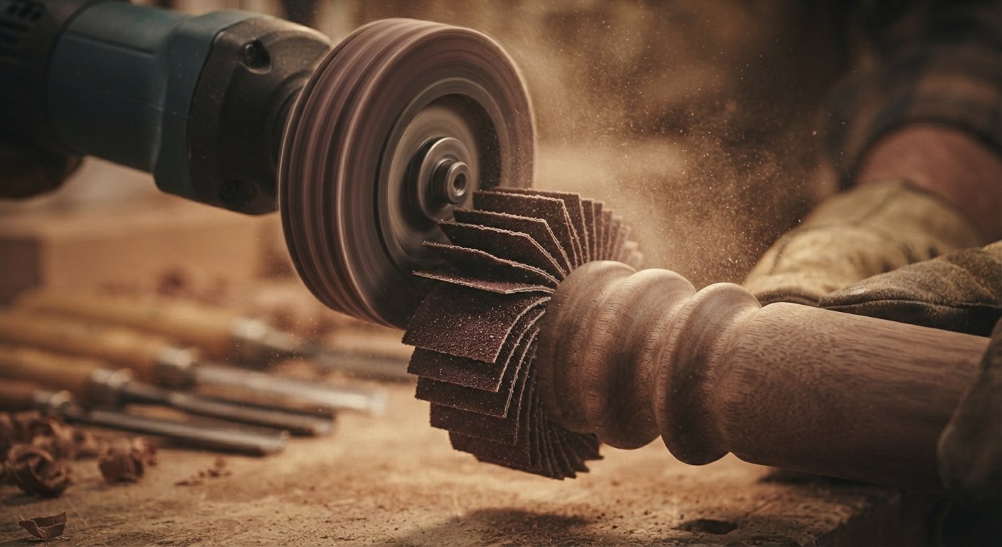 Close-up of abrasive flaps on a sanding wheel conforming to a turned wooden spindle.
