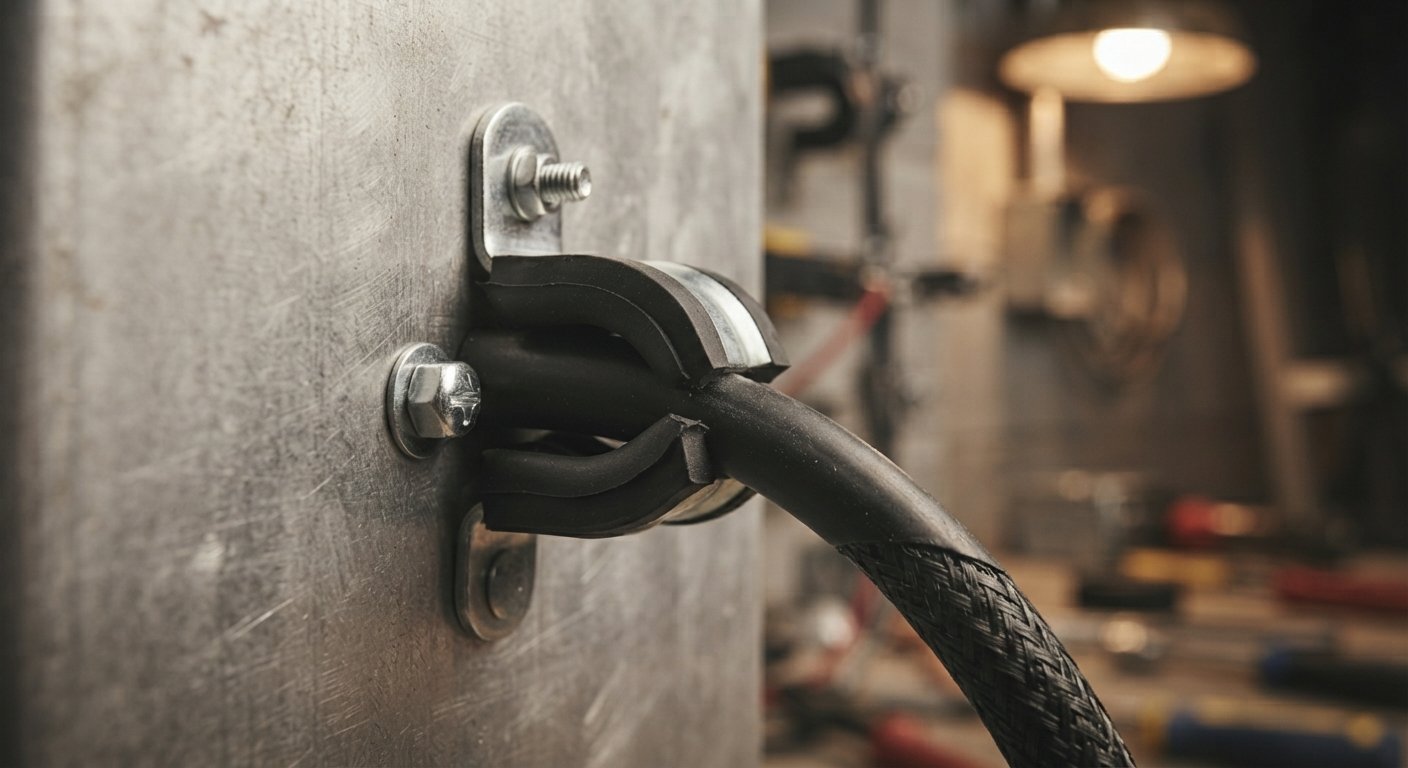 Macro view of a rubber-cushioned P-clamp protecting a cable against vibration.