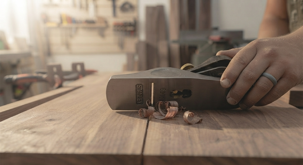 Long wooden sanding block resting across a wide wood panel joint.