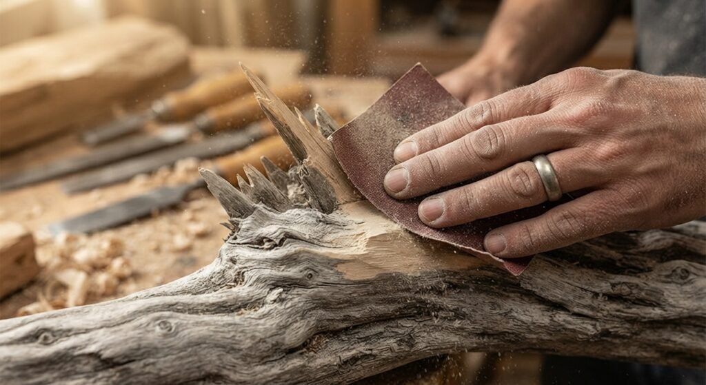 Sanding rough spots on a piece of driftwood with coarse sandpaper.