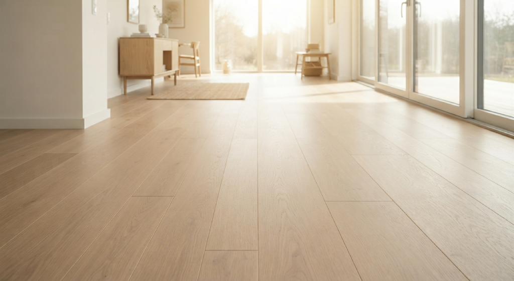 Modern white oak hardwood flooring installed in a sunlit room.