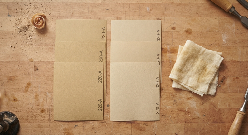 Fine-grit sandpaper sheets and tack cloth laid out on a workshop bench.