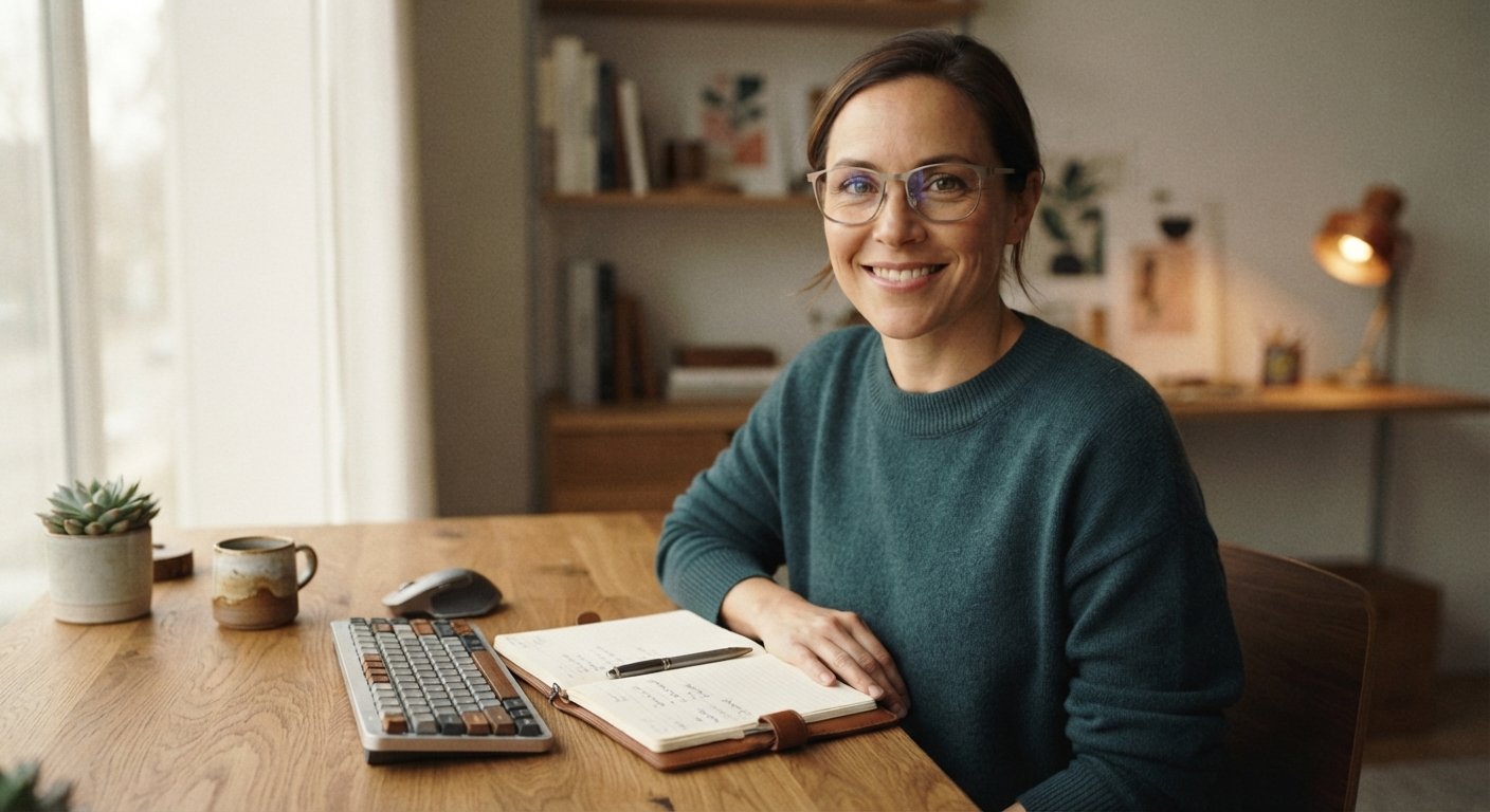 Person wearing securely fitted eyeglasses while working at a desk.