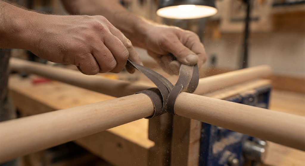 Wooden dowel secured in a V-shaped cradle block on a workbench.