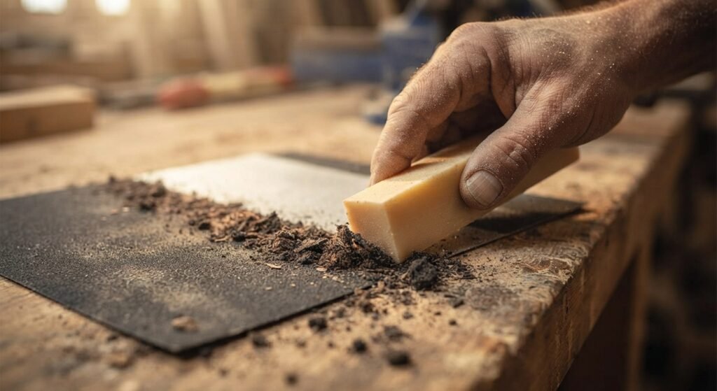 Using a natural rubber cleaning stick on a sheet of clogged sandpaper.