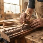 A woodworker using a sanding stick to smooth detailed wooden moldings in a workshop.