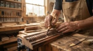 A woodworker using a sanding stick to smooth detailed wooden moldings in a workshop.