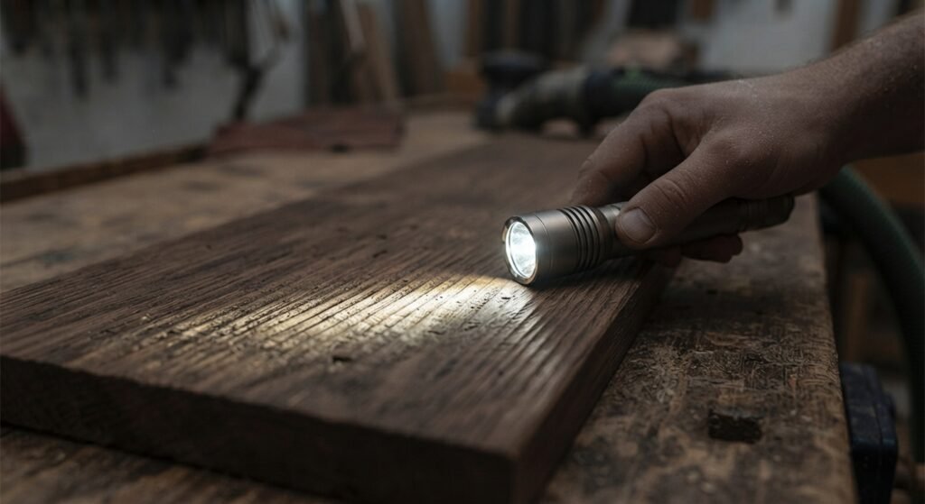 Using raking light to inspect planer ripples and ridges on raw wood.