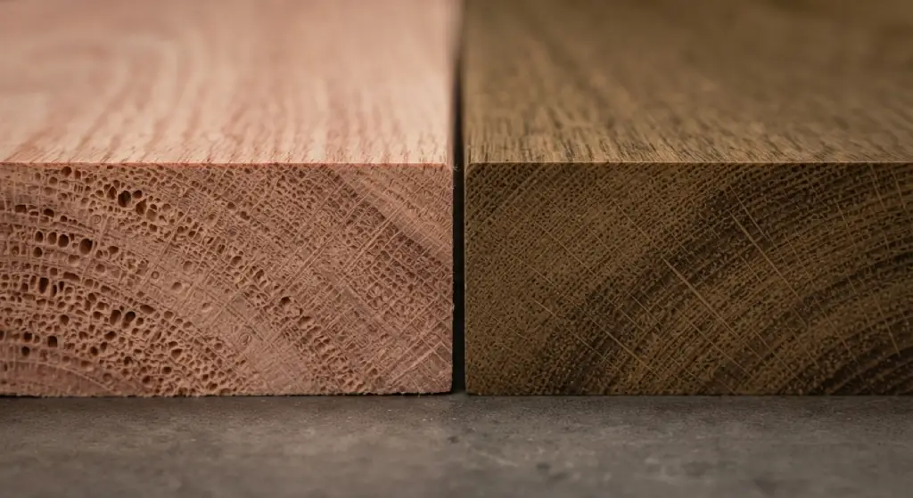 Macro close-up comparison of red oak and white oak grain structures.