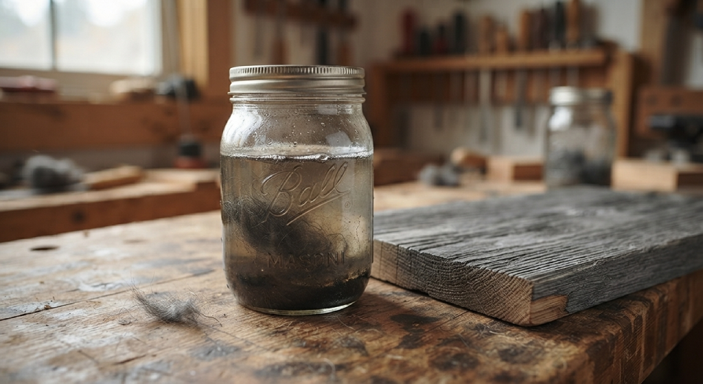 Steel wool dissolving in a glass jar of vinegar to create an aging stain for oak wood.