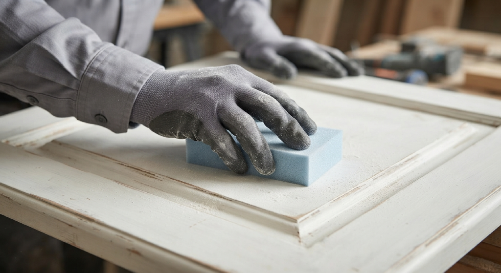 Scuff-sanding a painted wooden cabinet door with a sanding sponge.