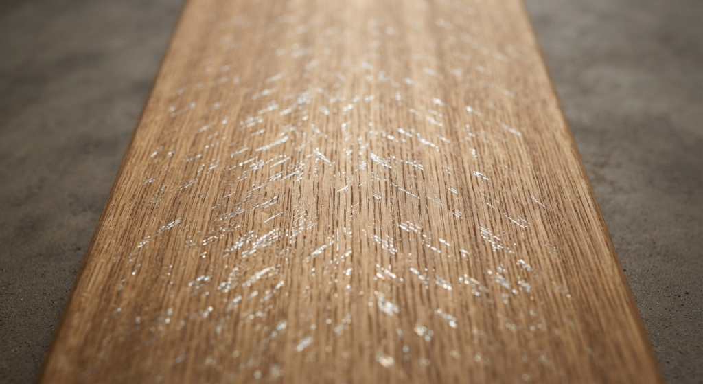 Close-up of quarter-sawn white oak board showing distinctive ray-fleck patterns.