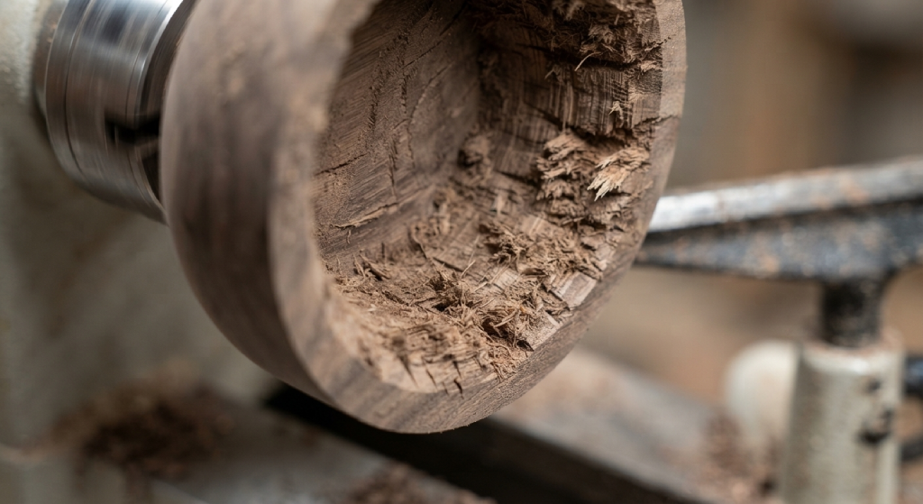 Inspecting a turned wood surface with a flashlight for remaining scratch marks.