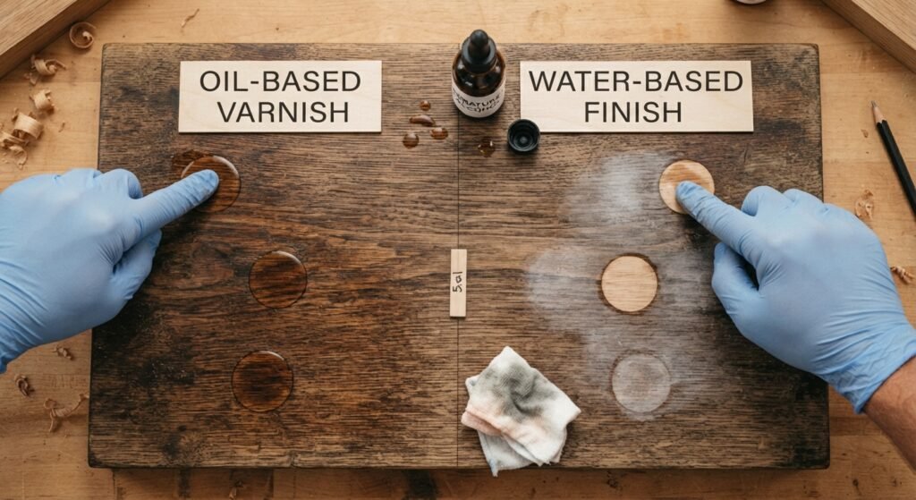 Testing a wooden board with alcohol to identify oil-based versus water-based wood stains.