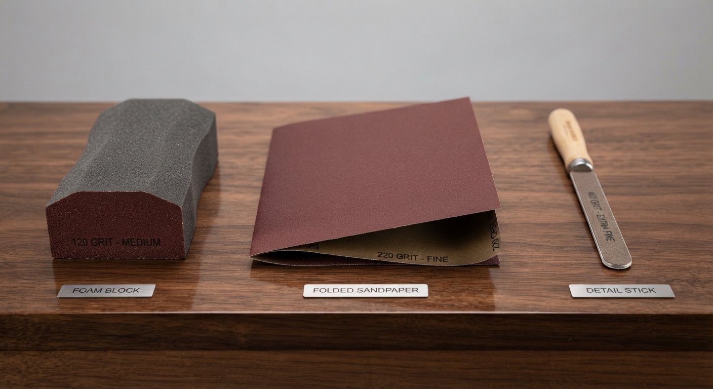 Comparison of a sanding block, sandpaper sheet, and wood sanding sticks on a plank.