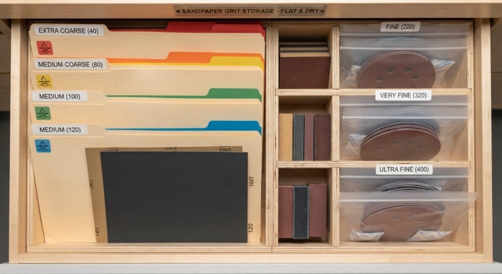 Organized sandpaper sheets stored flat in a workshop drawer.