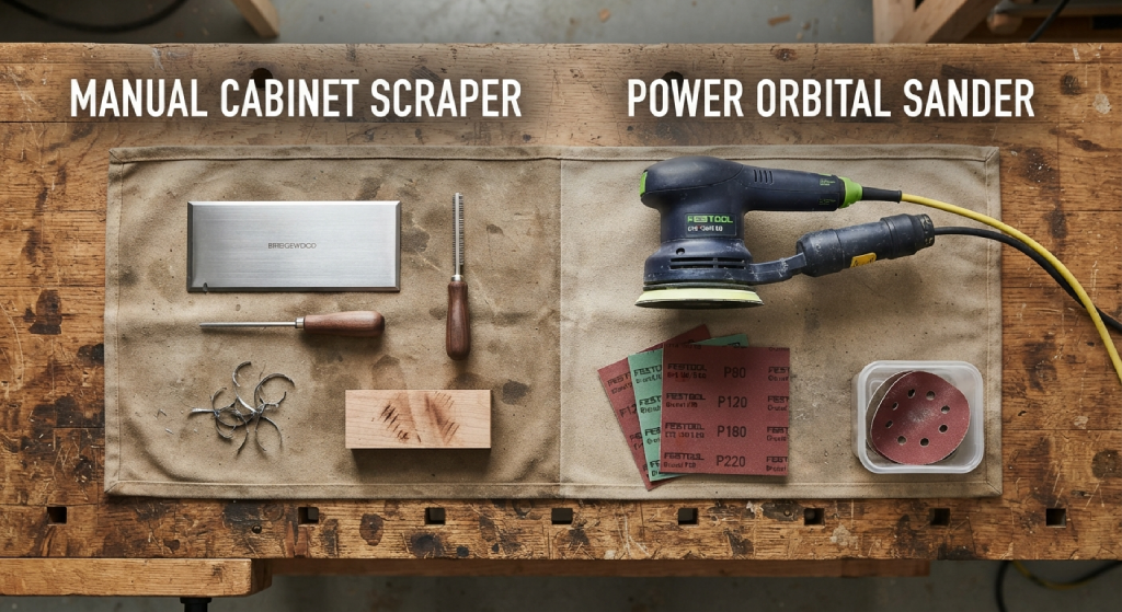 Flat lay of wood scraping and sanding tools on a workbench.