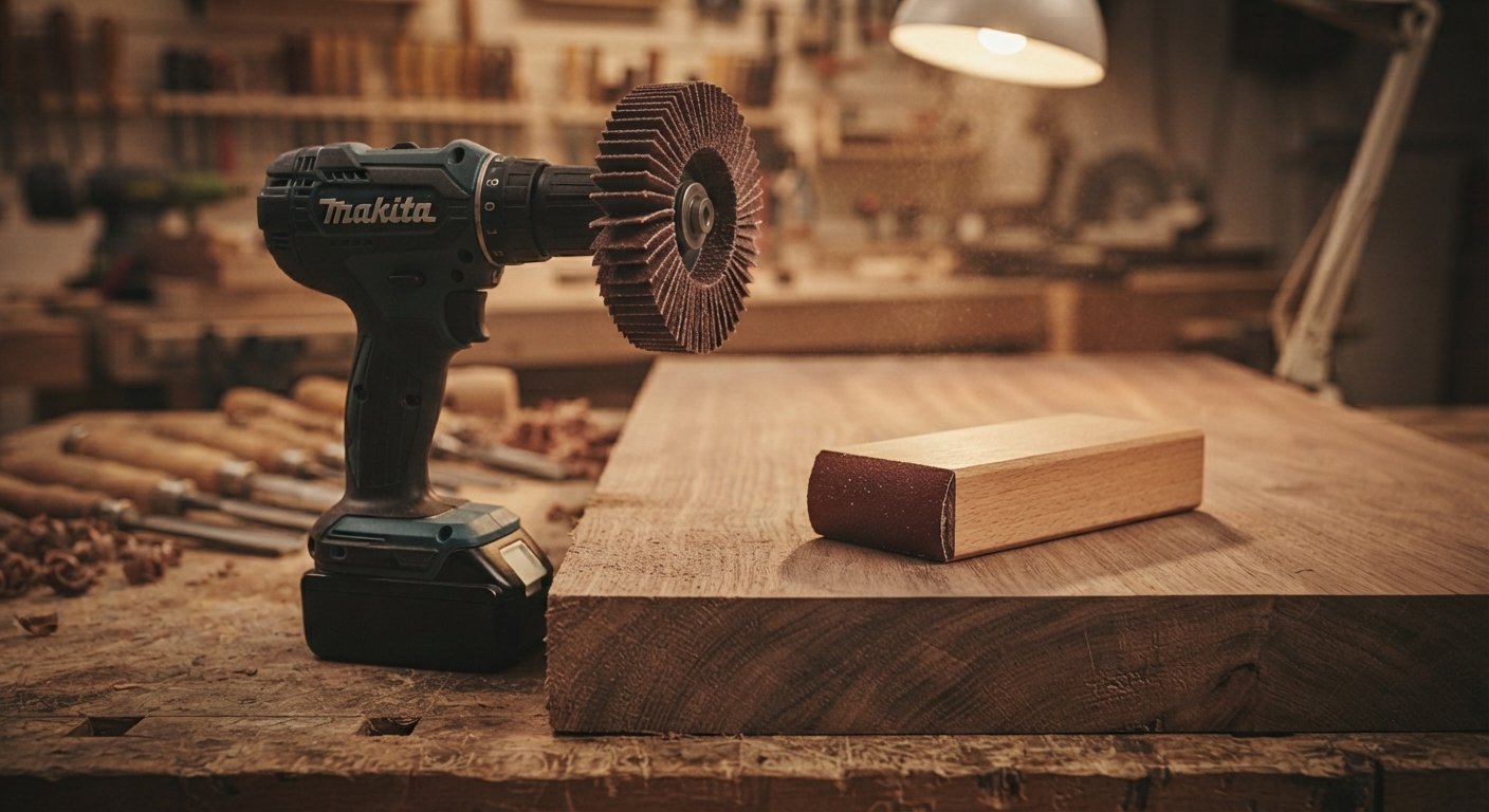 Comparison of a power drill sanding wheel and a manual hand sanding block on wood.