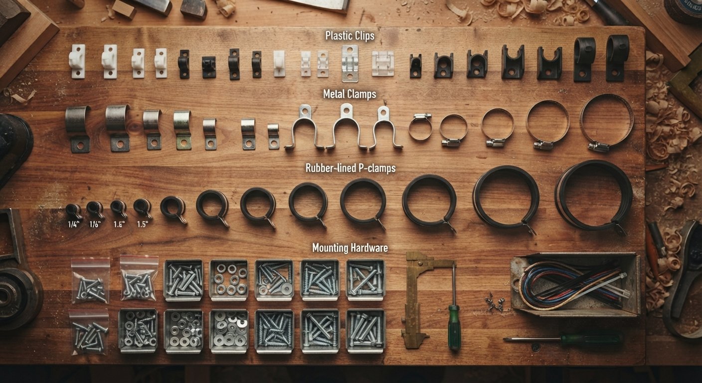 Assorted cable clamps including plastic clamps, metal straps, and rubber-lined P-clamps on a workbench.