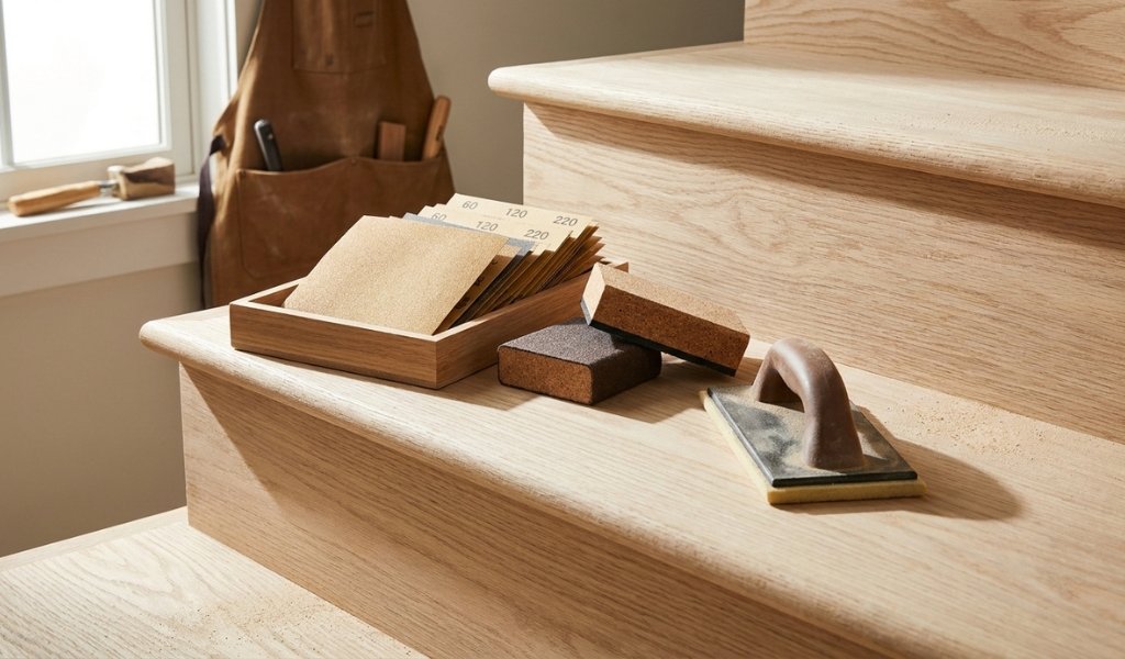sandpaper grits and hand sanding blocks for wood stairs